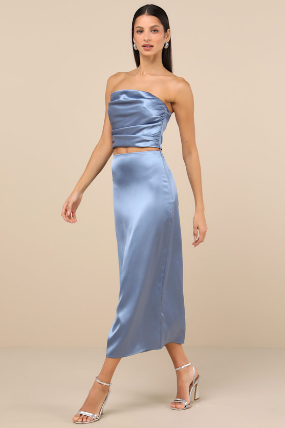 Demure Sweetie Slate Blue Satin Strapless Two-Piece Midi Dress 2