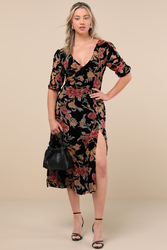 Gloriously Chic Black Floral Burnout Short Sleeve Midi Dress 2