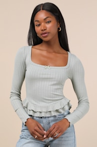 Instinctually Cute Sage Green Ribbed Ruffled Long Sleeve Top