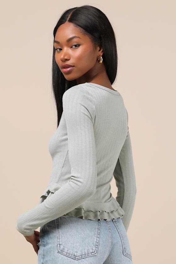 Lulus Instinctually Cute Sage Green Ribbed Ruffled Long Sleeve Top In Sage Green