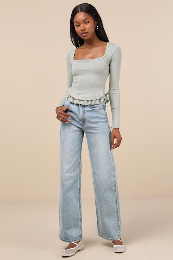 Lulus Instinctually Cute Sage Green Ribbed Ruffled Long Sleeve Top In Sage Green