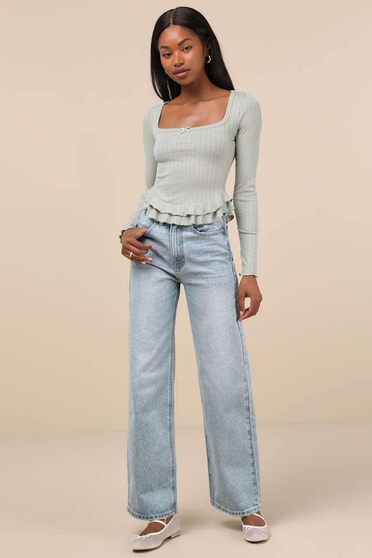 Instinctually Cute Sage Green Ribbed Ruffled Long Sleeve Top