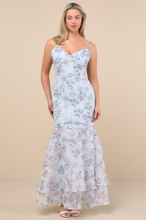 Pure Splendor Light Blue Floral Organza Trumpet Maxi Dress 2