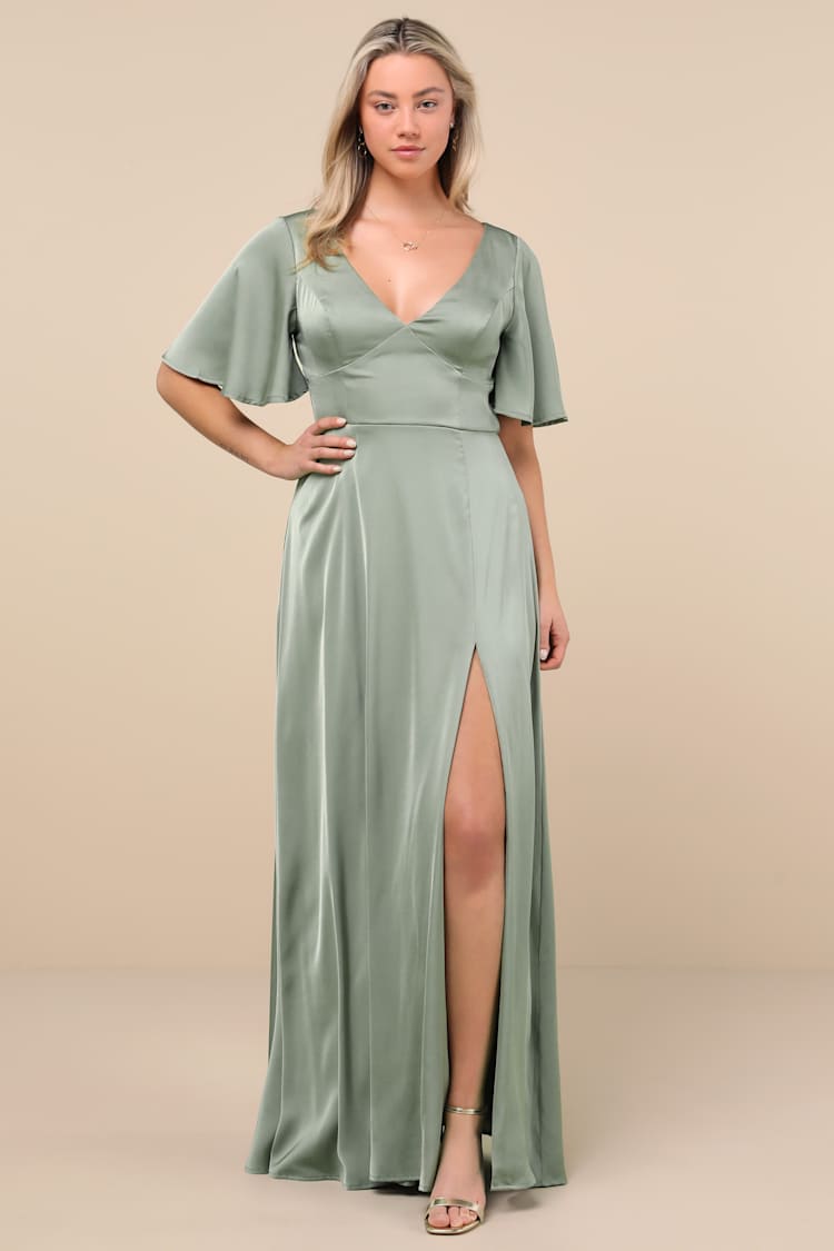 Elegant Confidence Sage Satin Flutter Sleeve Cutout Maxi Dress