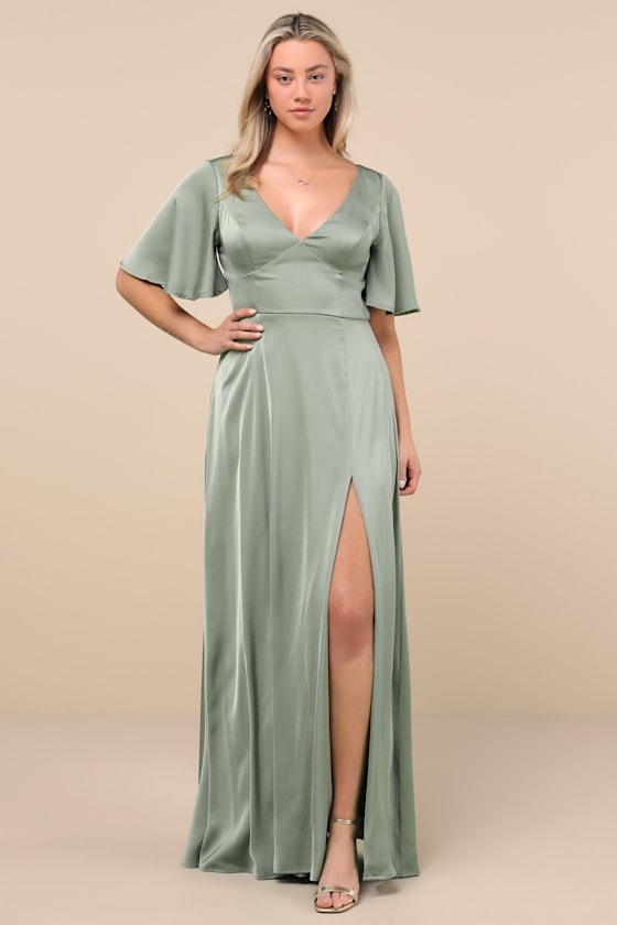 Elegant Confidence Sage Satin Flutter Sleeve Cutout Maxi Dress 2