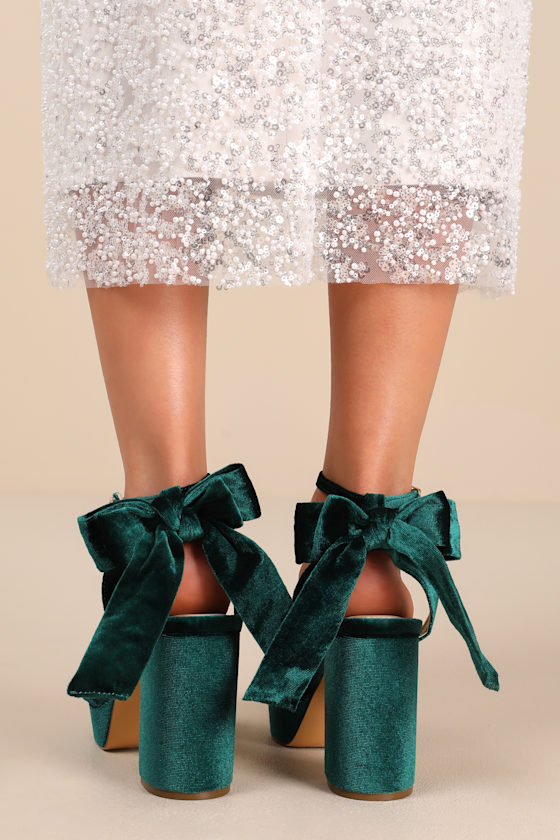 Sassyy Emerald Velvet Bow Platform Ankle Strap Sandals 5