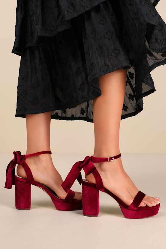 Sassyy Wine Velvet Bow Platform Ankle Strap Sandals 1