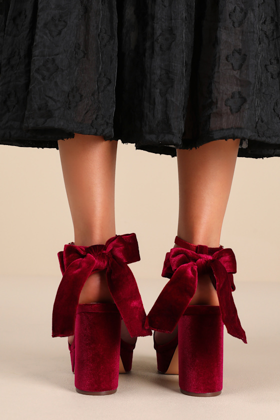 Sassyy Wine Velvet Bow Platform Ankle Strap Sandals 5