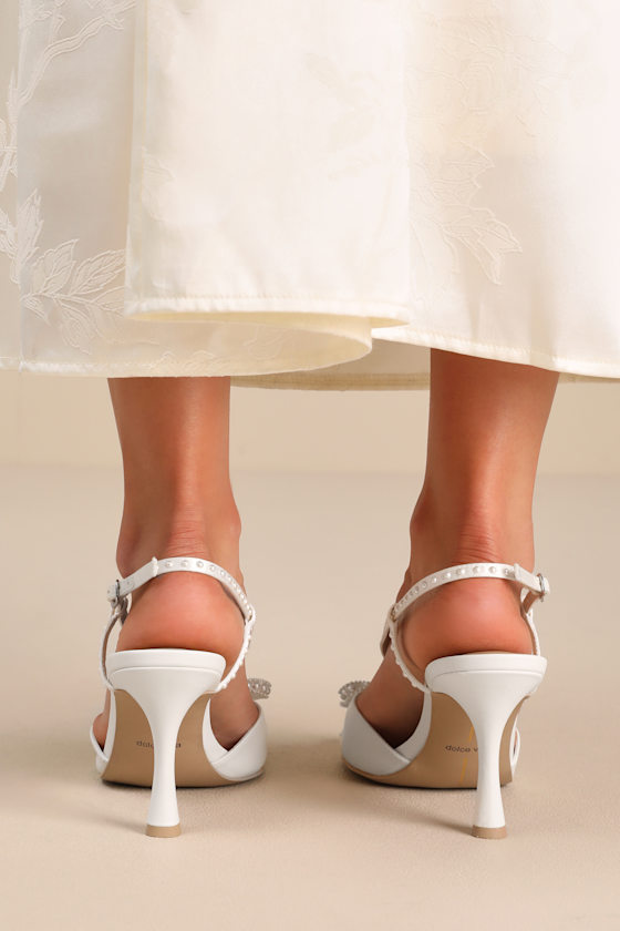 Lonny White Satin Leather Pearl High Heel Sandals 5