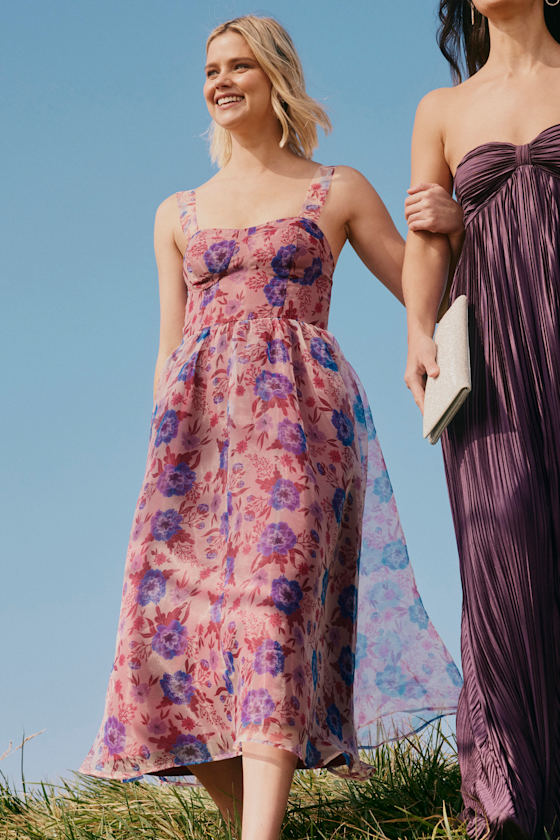 Lulus Delightful Look Magenta Floral Print Bustier Midi Skater Dress In Magenta