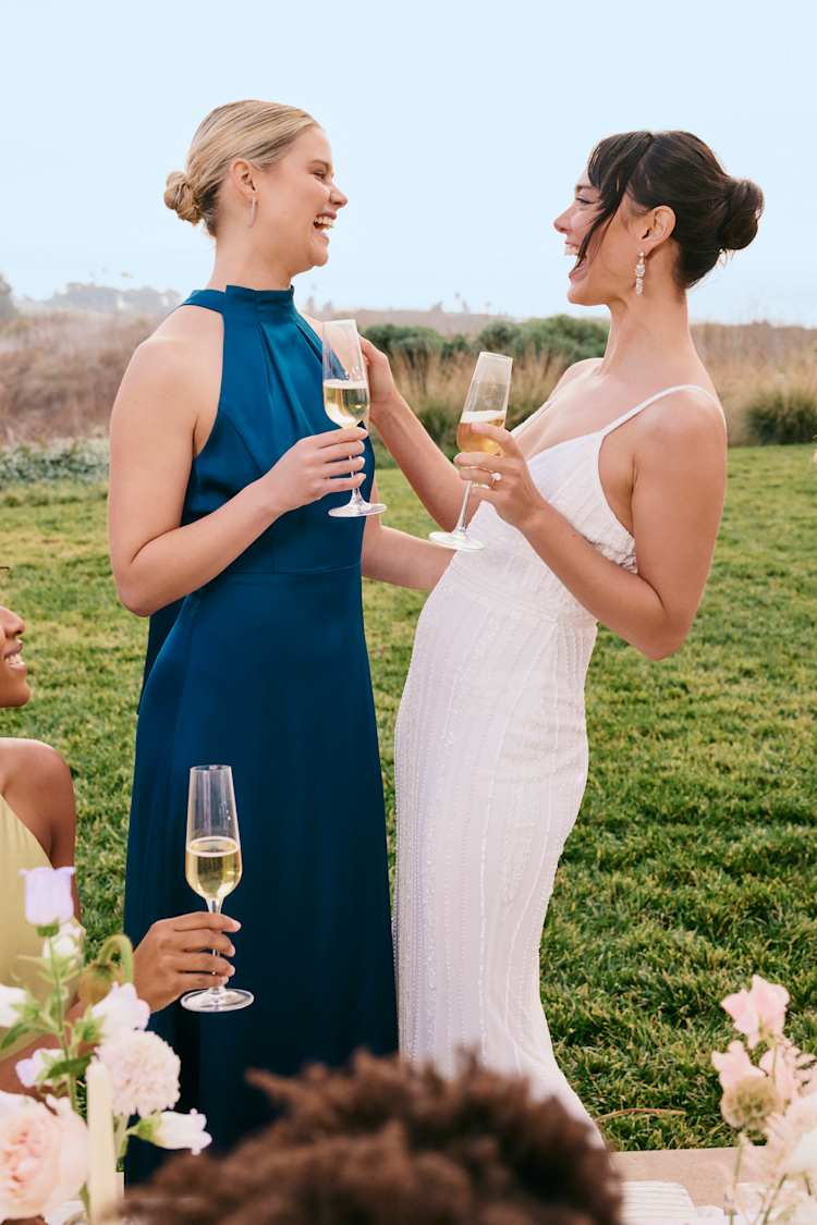 Regal Loveliness Blue Satin Pleated Mock Neck Maxi Dress