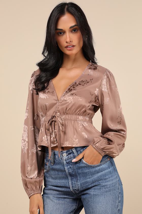 初売り 福袋 Light Brown Jacquard Top - Long Sleeve Top - Tie-Front トップス