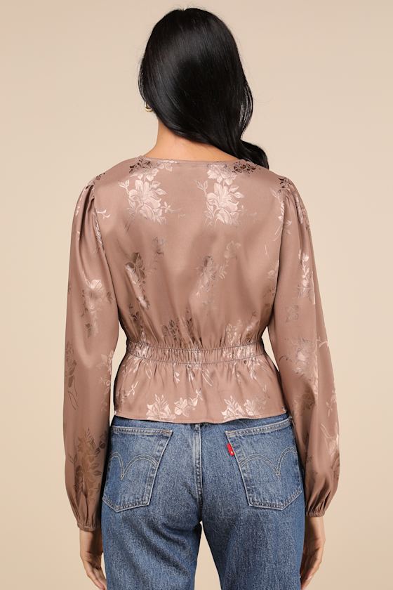 Light Brown Jacquard Top - Long Sleeve Top - Tie-Front