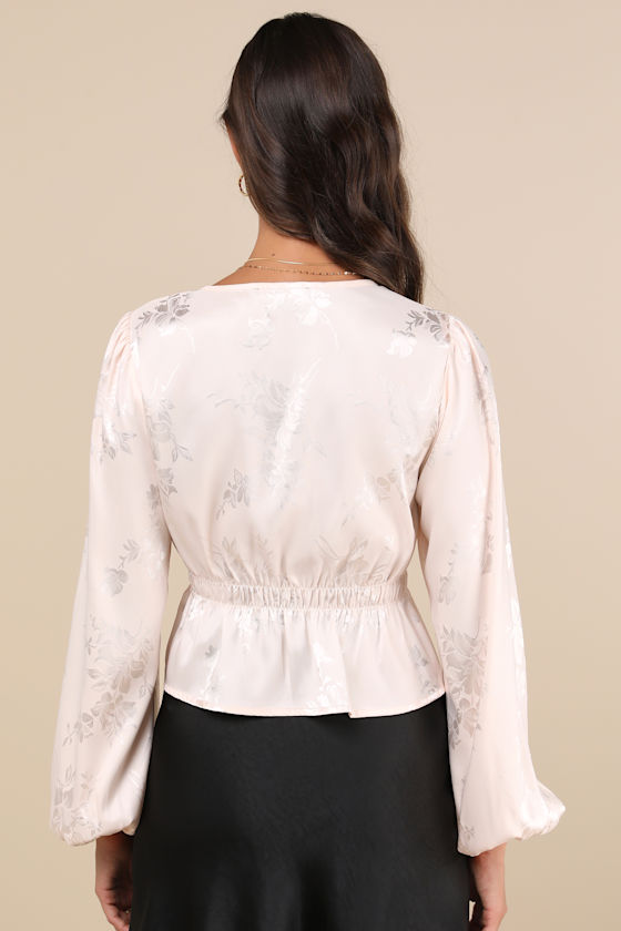Blush Jacquard Top - Long Sleeve Top - Tie-Front Blouse