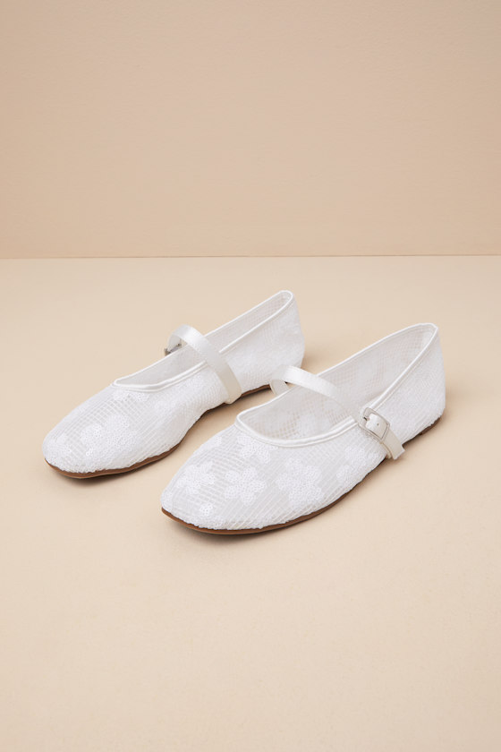Lulus Cristen White Mesh Sequin Buckle Ballet Flats In White