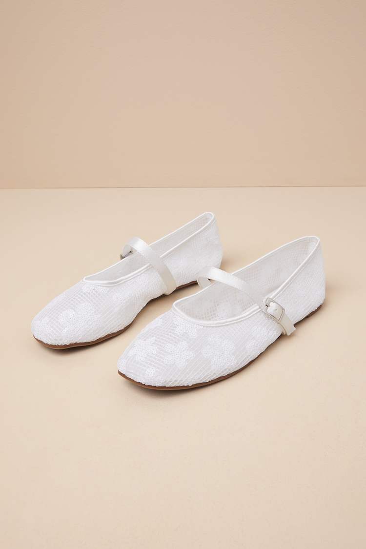 Cristen White Mesh Sequin Buckle Ballet Flats