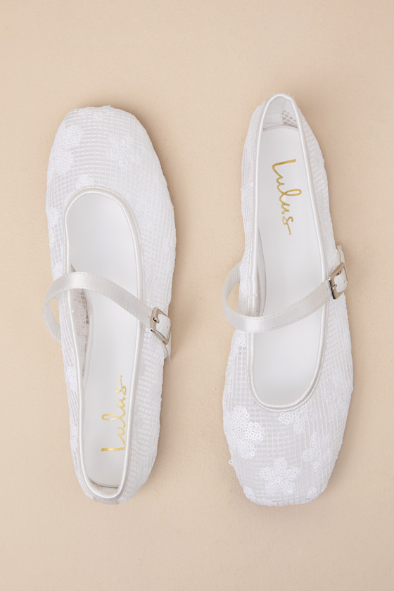 Lulus Cristen White Mesh Sequin Buckle Ballet Flats In White