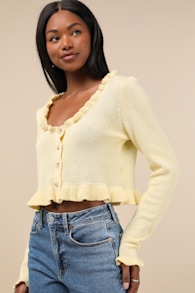 Impressively Sweet Light Yellow Ruffled Cropped Cardigan 1