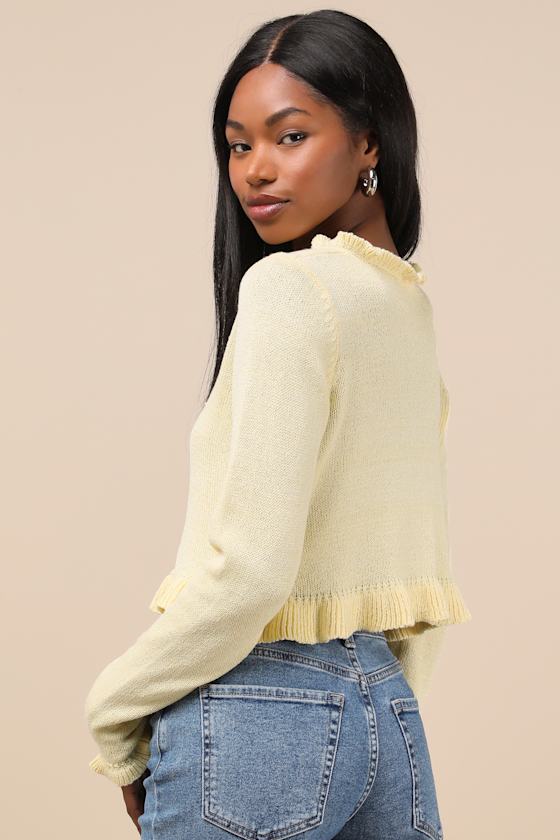 Lulus Impressively Sweet Light Yellow Ruffled Cropped Cardigan In Light Yellow
