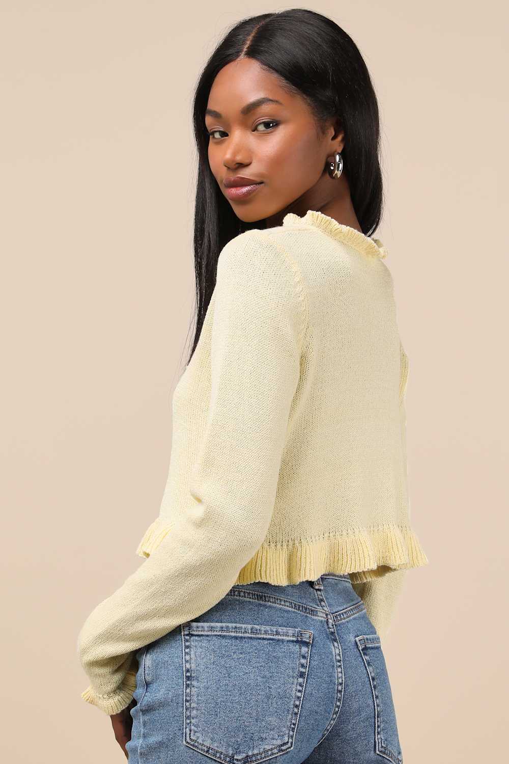 Impressively Sweet Light Yellow Ruffled Cropped Cardigan