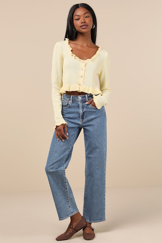 Lulus Impressively Sweet Light Yellow Ruffled Cropped Cardigan In Light Yellow