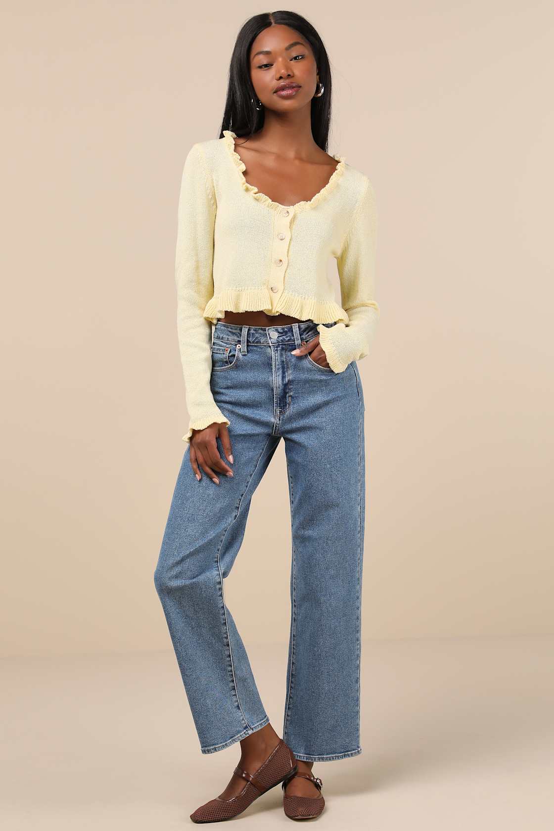 Impressively Sweet Light Yellow Ruffled Cropped Cardigan