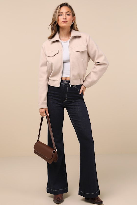 Lulus Top-notch Comfort Beige Collared Bomber Jacket In Beige