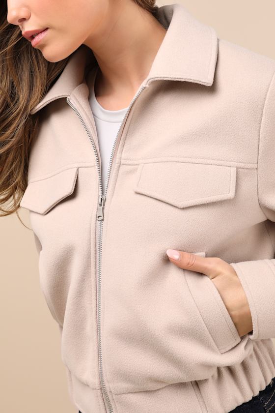 Lulus Top-notch Comfort Beige Collared Bomber Jacket In Beige