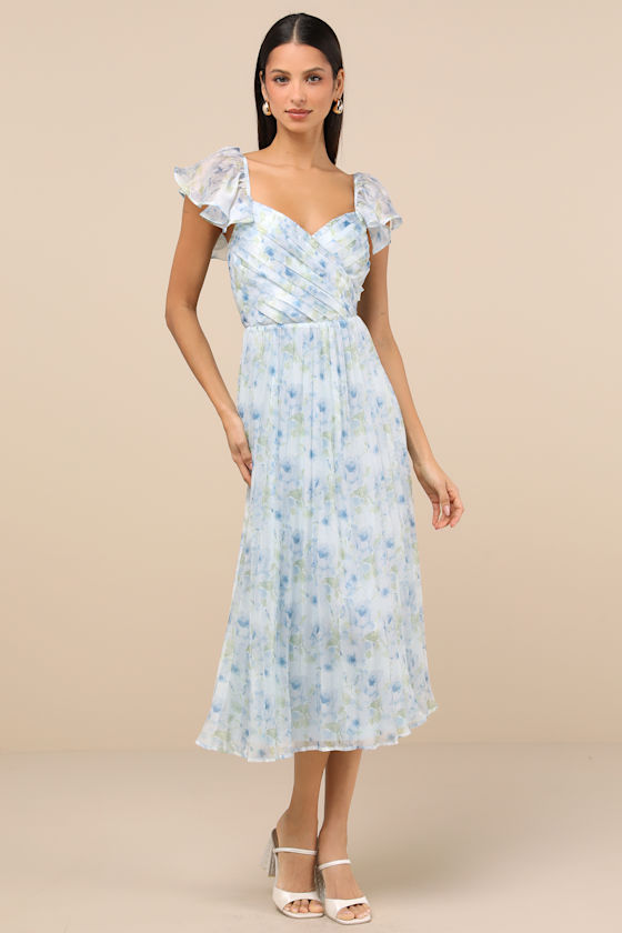 Lulus Gorgeous Presence Blue Floral Pleated Lace-up Midi Dress In Blue