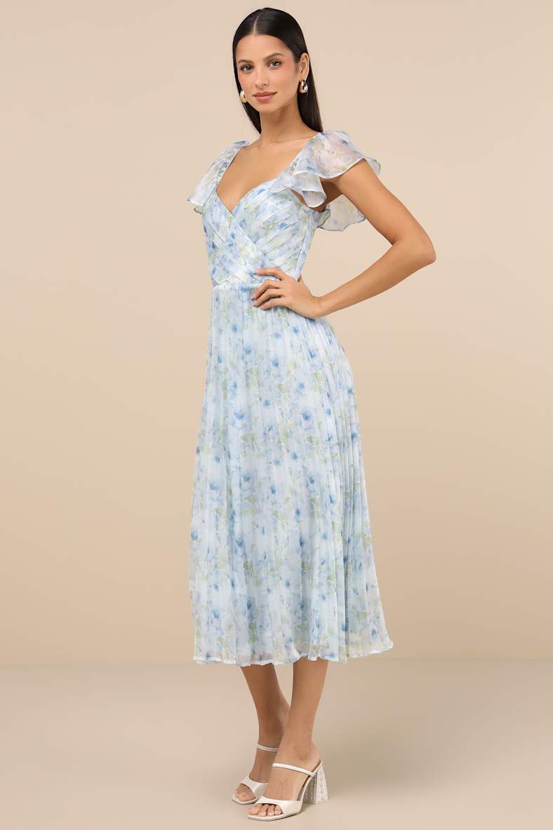 Gorgeous Presence Blue Floral Pleated Lace-Up Midi Dress