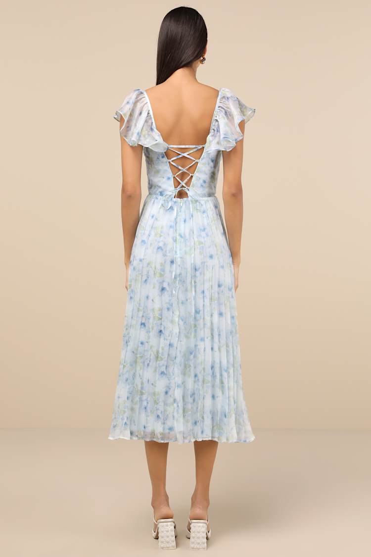 Gorgeous Presence Blue Floral Pleated Lace-Up Midi Dress