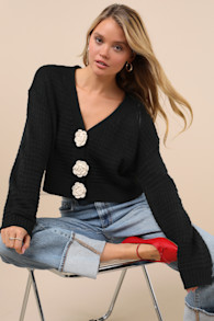 Sweetest Poise Black 3D Rosette Button-Front Cardigan 1