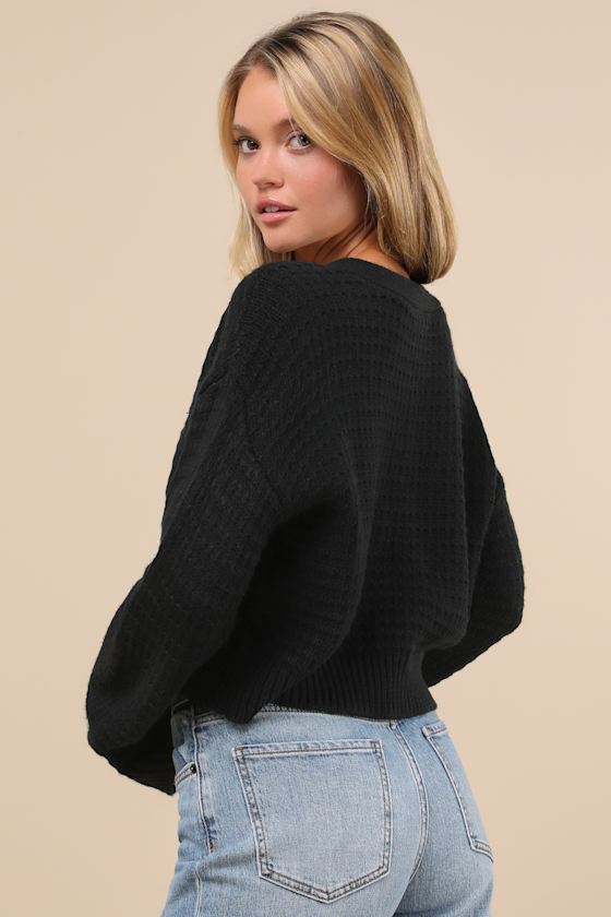 LULUS SWEETEST POISE BLACK 3D ROSETTE BUTTON-FRONT CARDIGAN