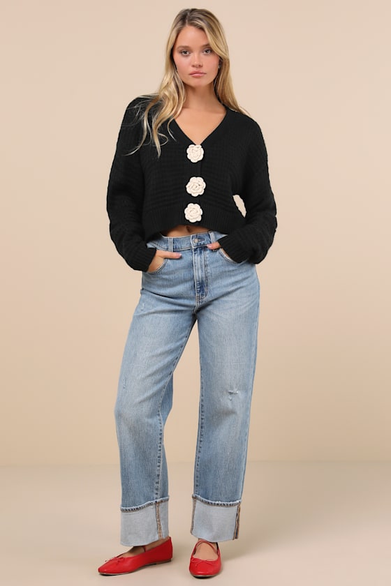 LULUS SWEETEST POISE BLACK 3D ROSETTE BUTTON-FRONT CARDIGAN