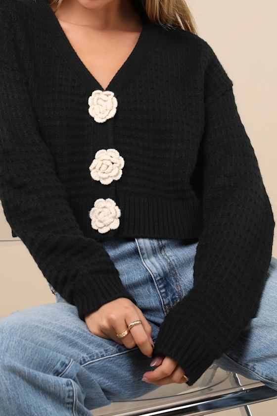 LULUS SWEETEST POISE BLACK 3D ROSETTE BUTTON-FRONT CARDIGAN