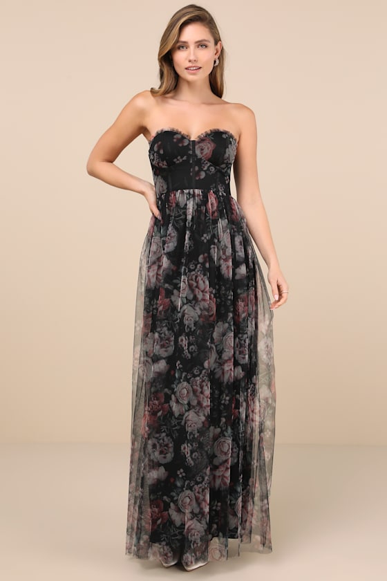 Black Floral Dress - Mesh Bustier Dress - Strapless Maxi