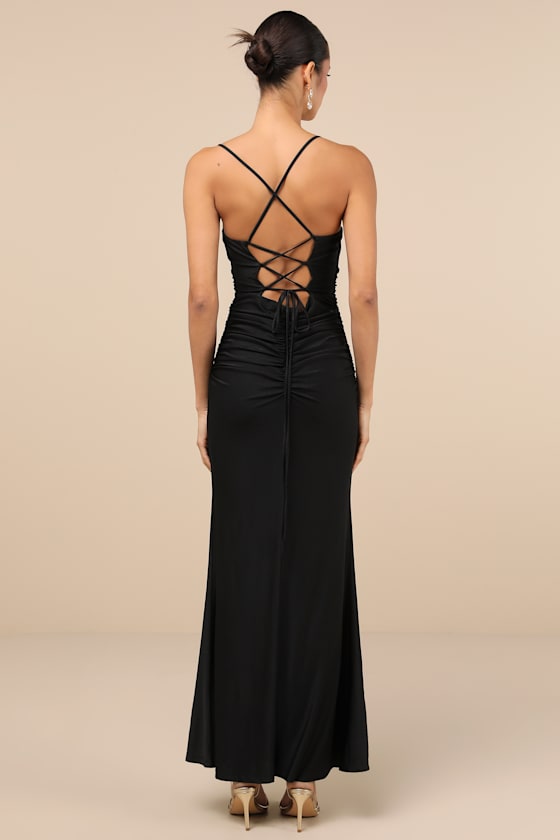 Lulus Elese Black Slinky Knit Lace-up Mermaid Maxi Dress In Black