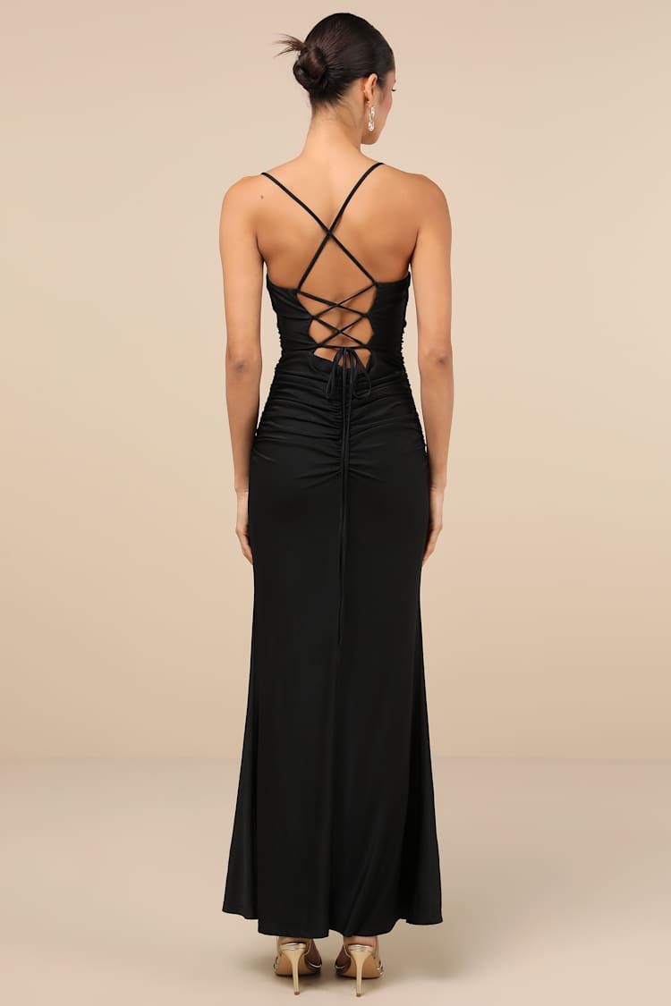 Black Dress - Slinky Knit Ruched Dress - Lace-Up Maxi Dress - Lulus