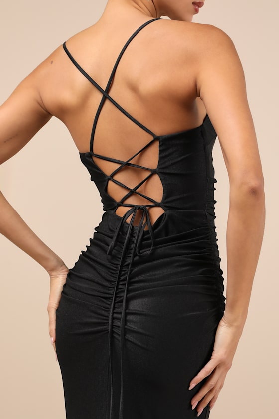 Lulus Elese Black Slinky Knit Lace-up Mermaid Maxi Dress In Black