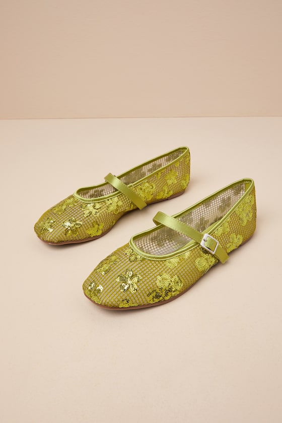 Lulus Cristen Green Mesh Sequin Buckle Ballet Flats In Green
