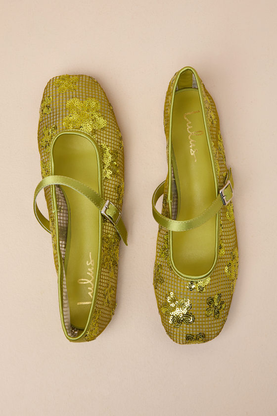 Lulus Cristen Green Mesh Sequin Buckle Ballet Flats In Green