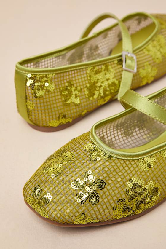 Lulus Cristen Green Mesh Sequin Buckle Ballet Flats In Green