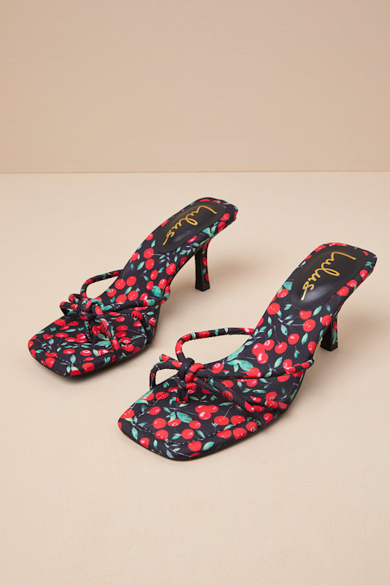 Lulus Thorian Cherry Print Knotted Thong High Heel Sandals In Black
