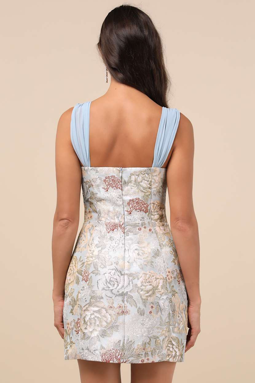 Captivating Personality Light Blue Jacquard Bustier Mini Dress