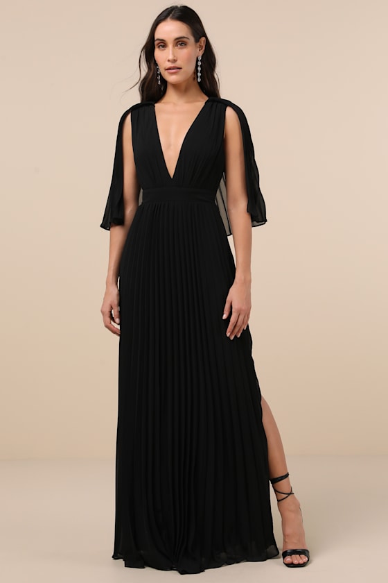 Majestic Aura Black Pleated Cape Maxi Dress 4