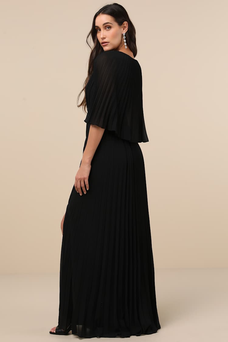 Majestic Aura Black Pleated Cape Maxi Dress