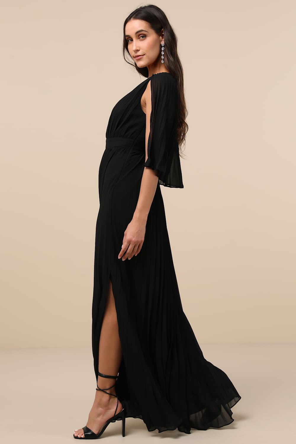Majestic Aura Black Pleated Cape Maxi Dress