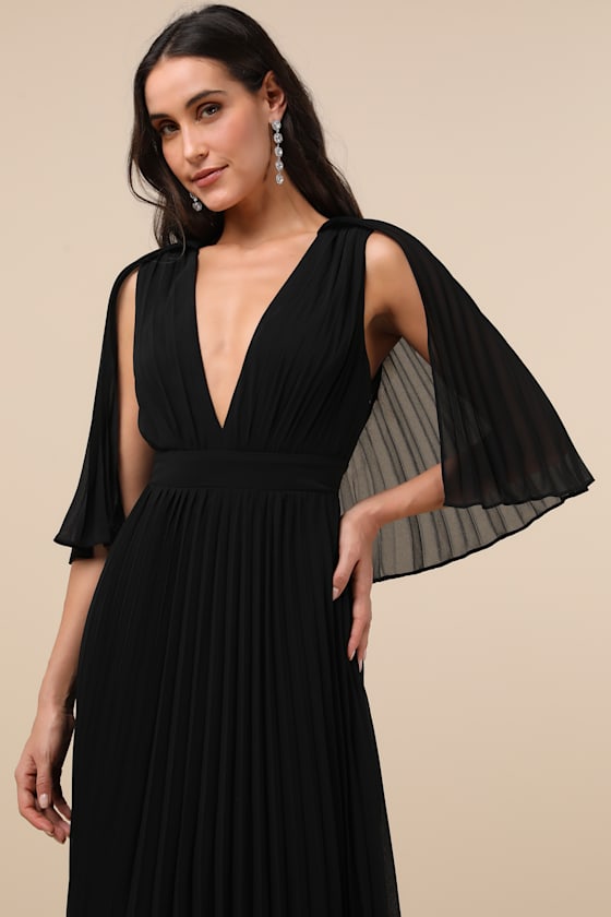 Lulus Majestic Aura Black Pleated Cape Maxi Dress In Black
