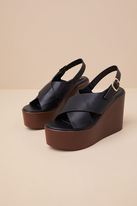 LULUS STEENA BLACK PLATFORM WEDGE SANDALS