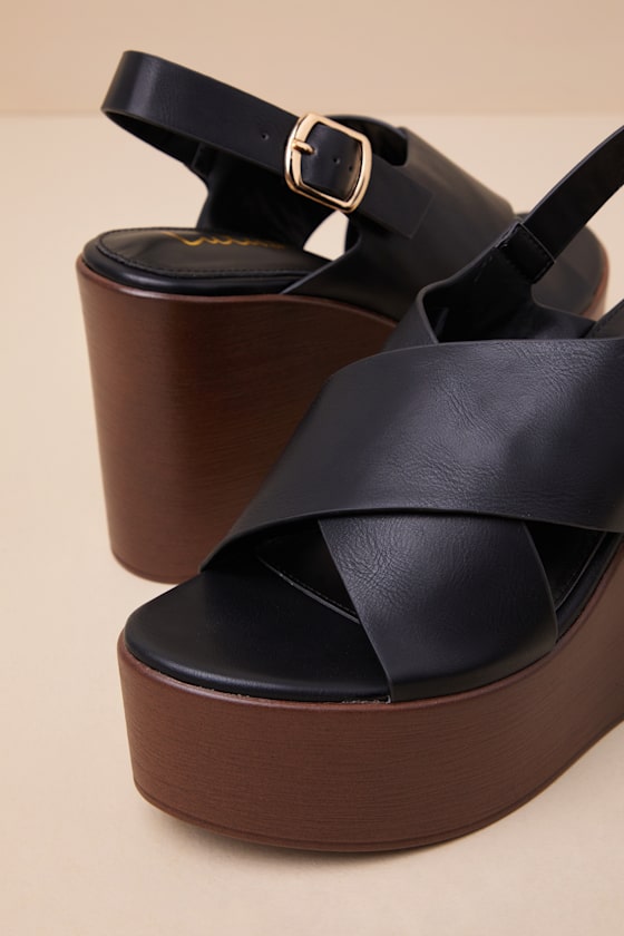 LULUS STEENA BLACK PLATFORM WEDGE SANDALS